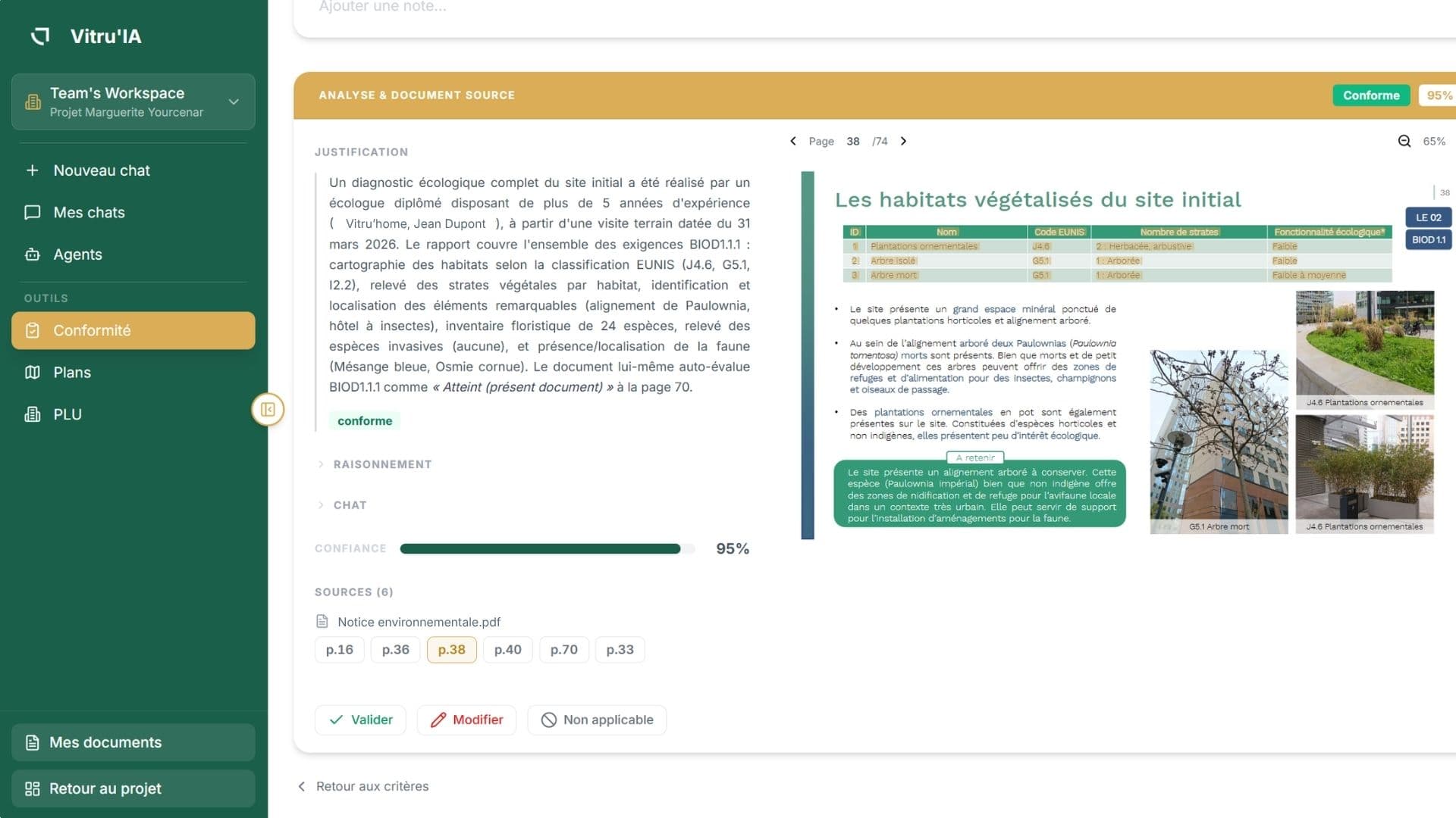 Verdict de conformité justifié et sourcé pour un critère, avec document source