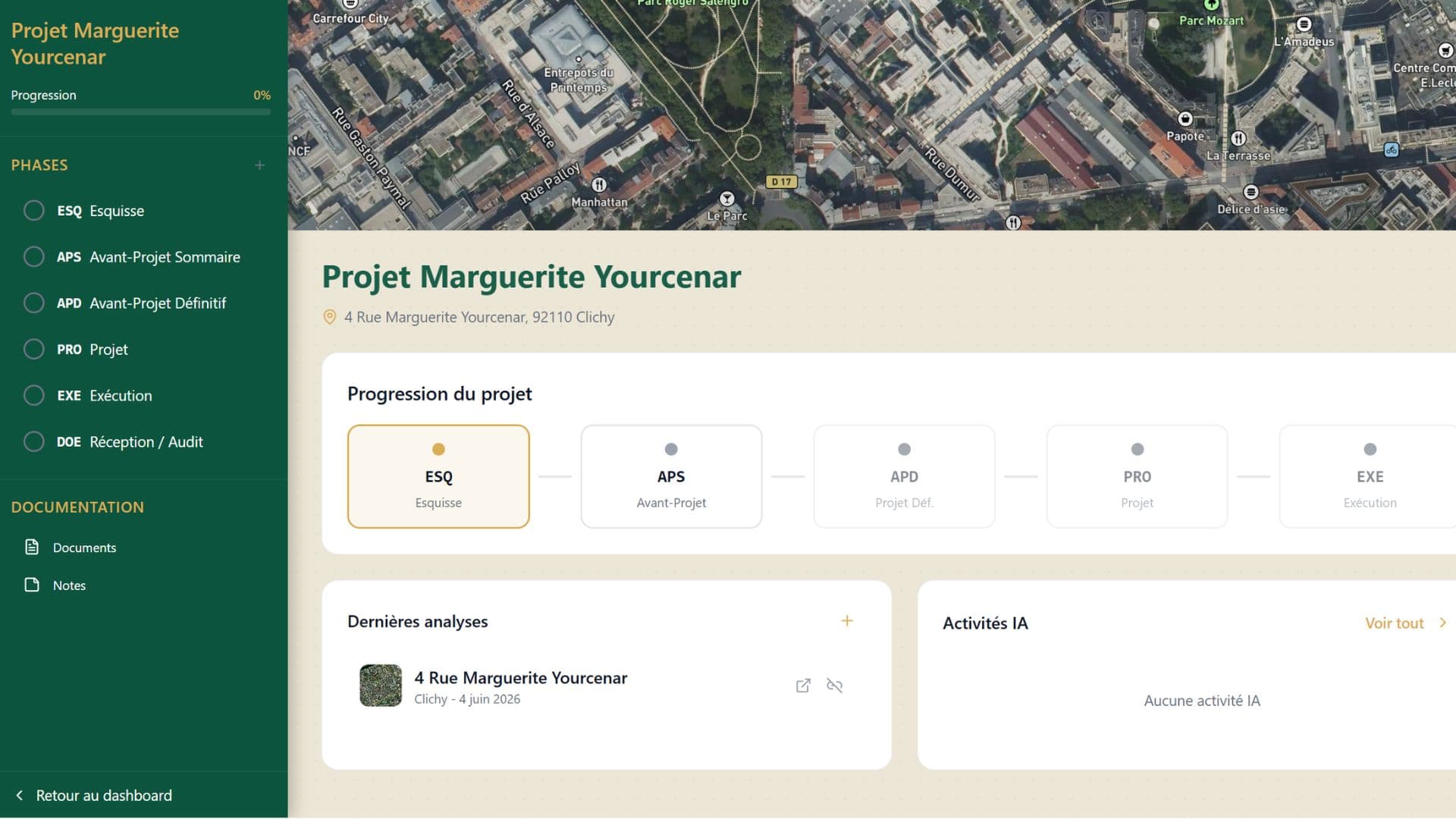 Tableau de bord d’un projet de certification : phases, progression et dernières analyses